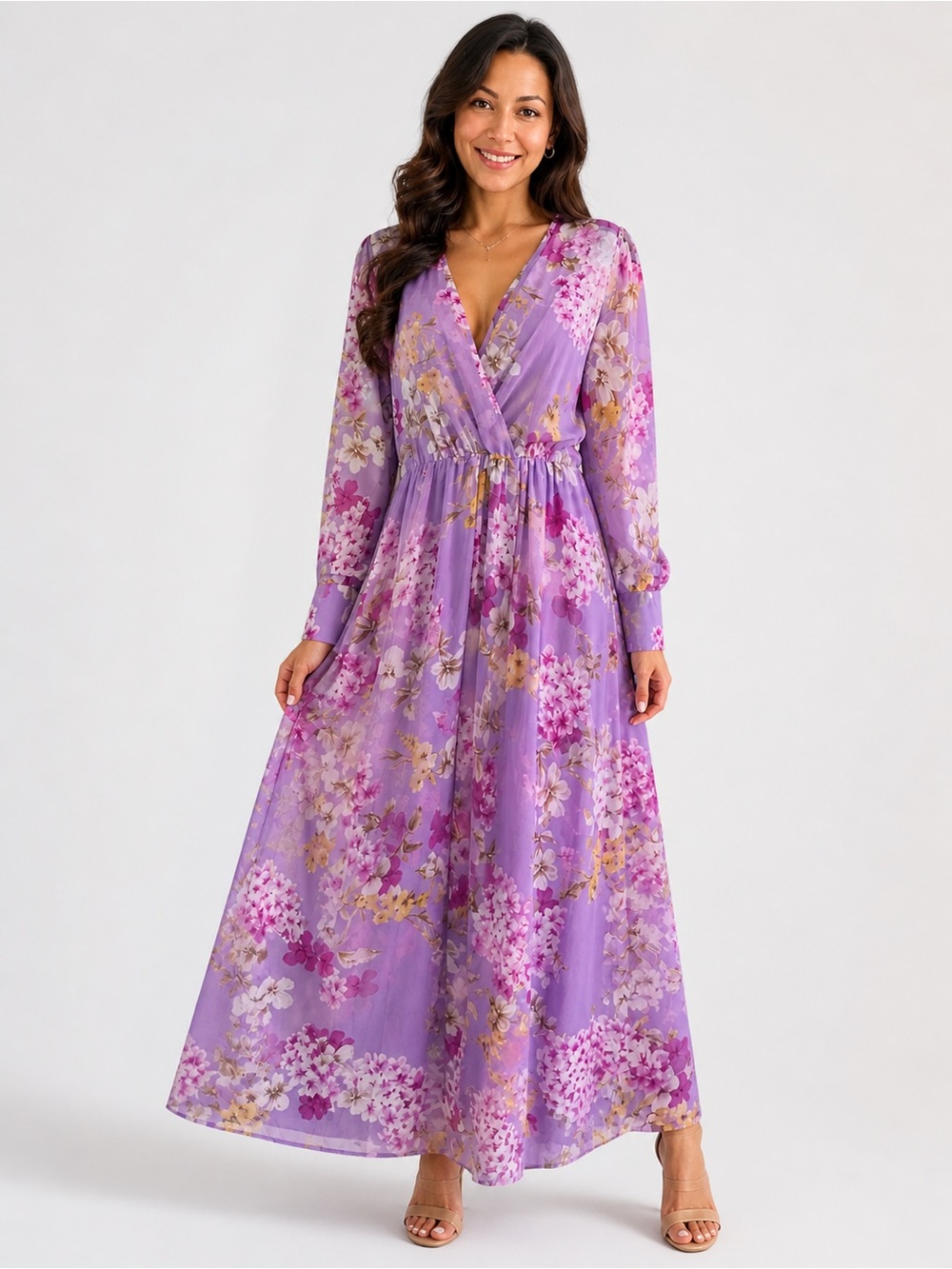 Purple Floral V-Neck Maxi Dress
